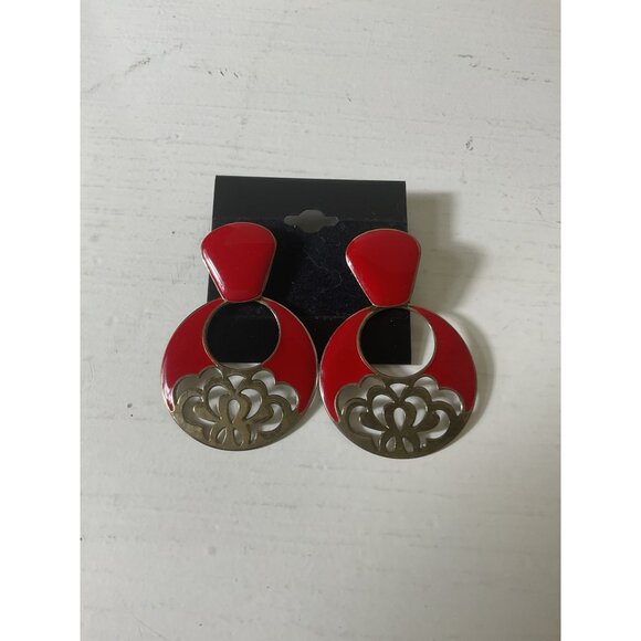 Vintage Red & Brass Floral Dangle Post Back Earrings - Picture 1 of 2